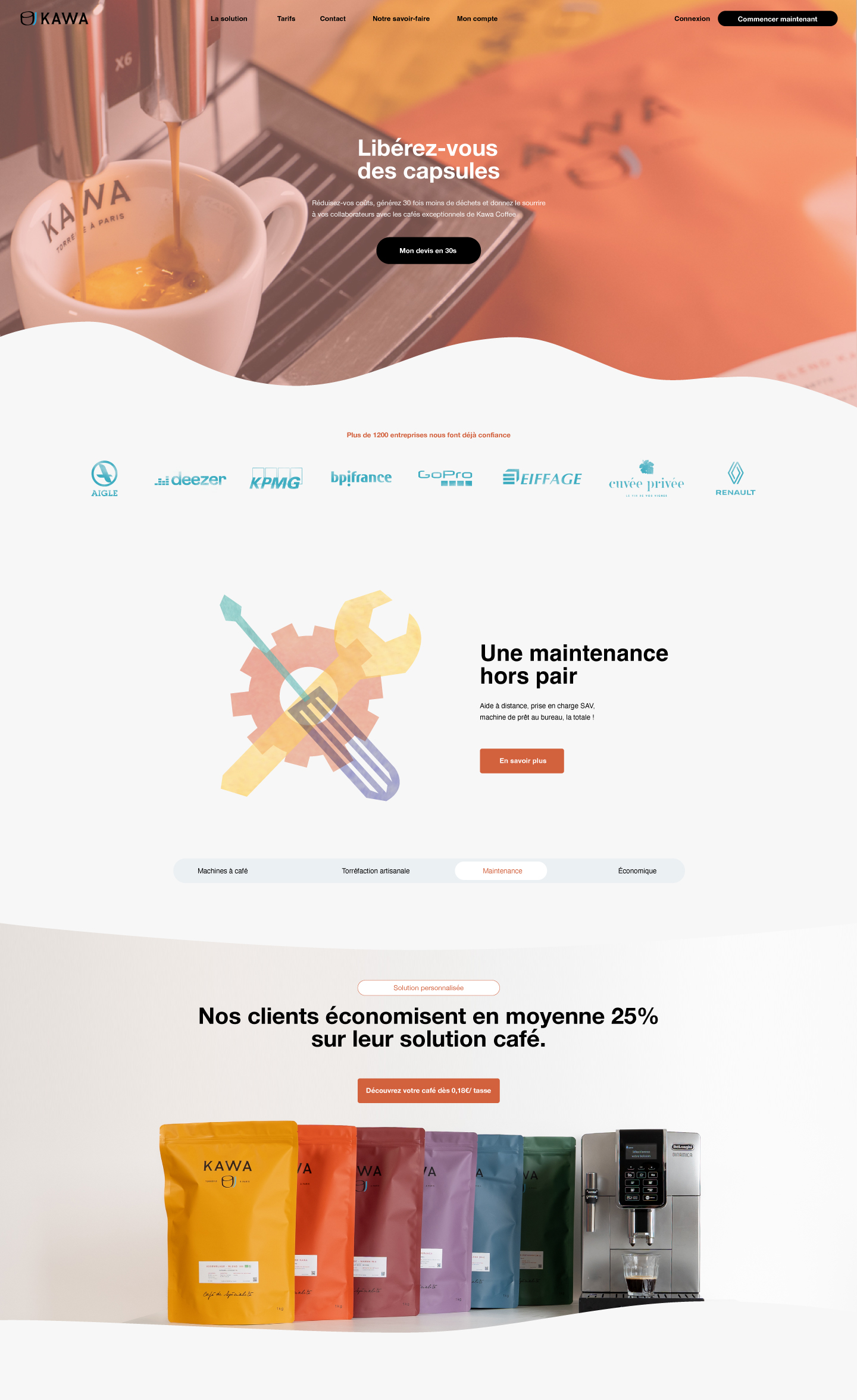 Long-form Kawa Coffee B2B landing page with product, service and origin content