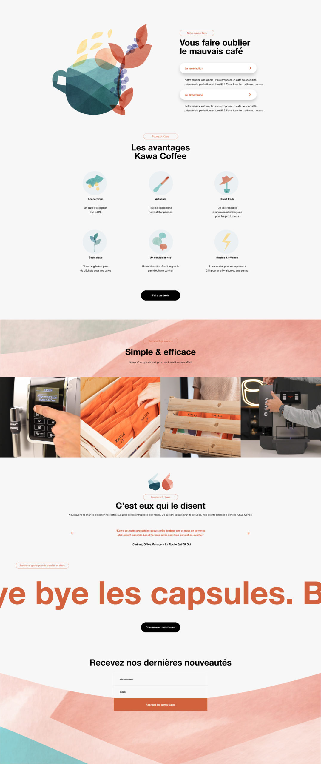Kawa Coffee business service page with illustrated steps and product photography