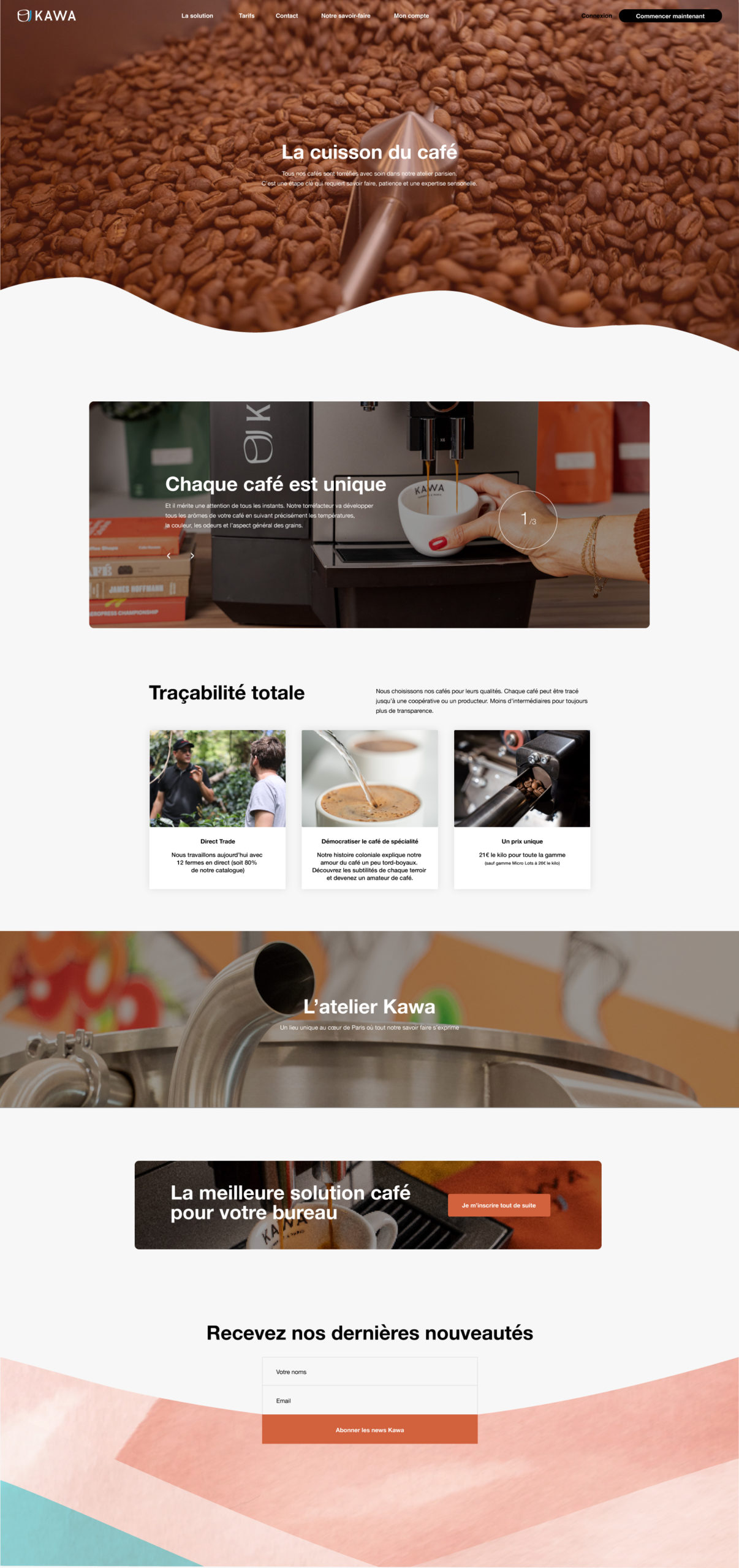 Kawa Coffee B2B website page describing coffee service for companies