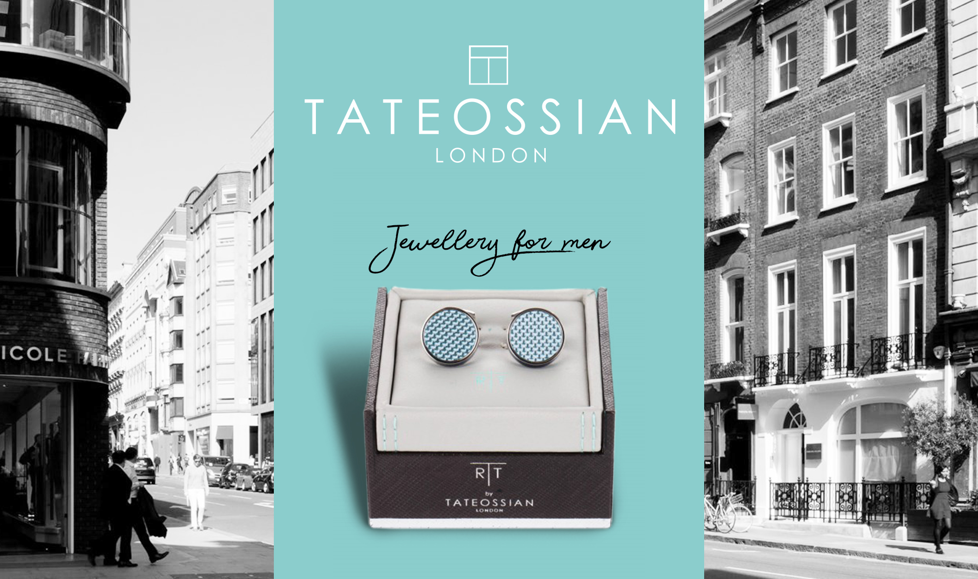 Tateossian cufflinks editorial design combining product detail and historical imagery