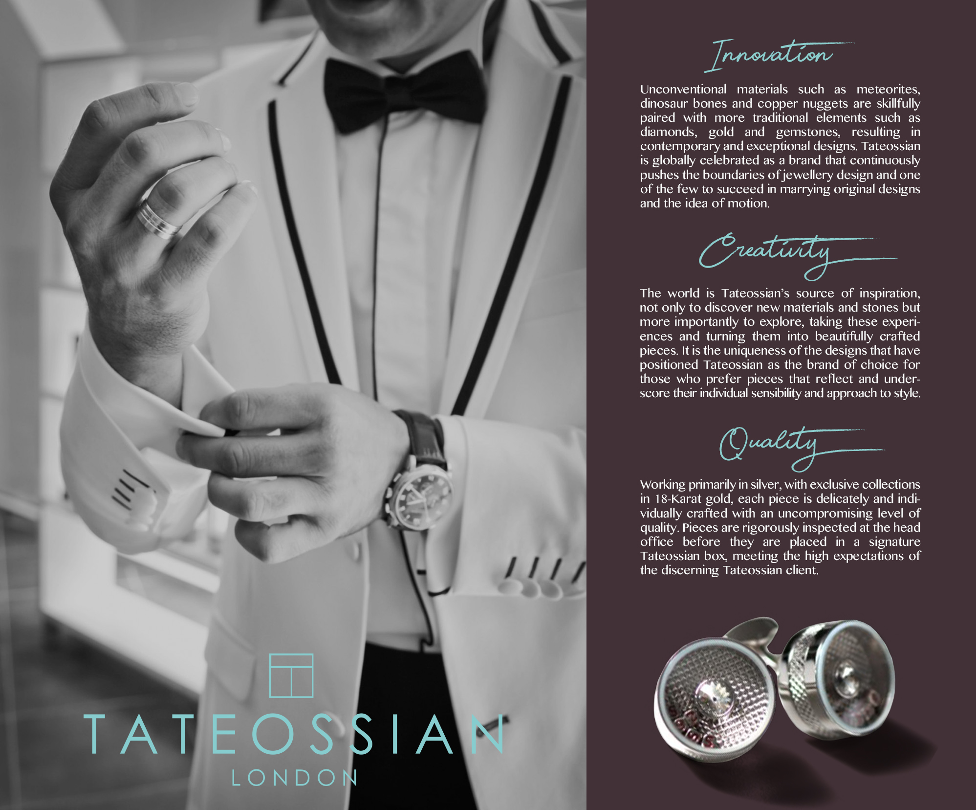 Tateossian campaign layout with cufflink photography and monochrome editorial elements